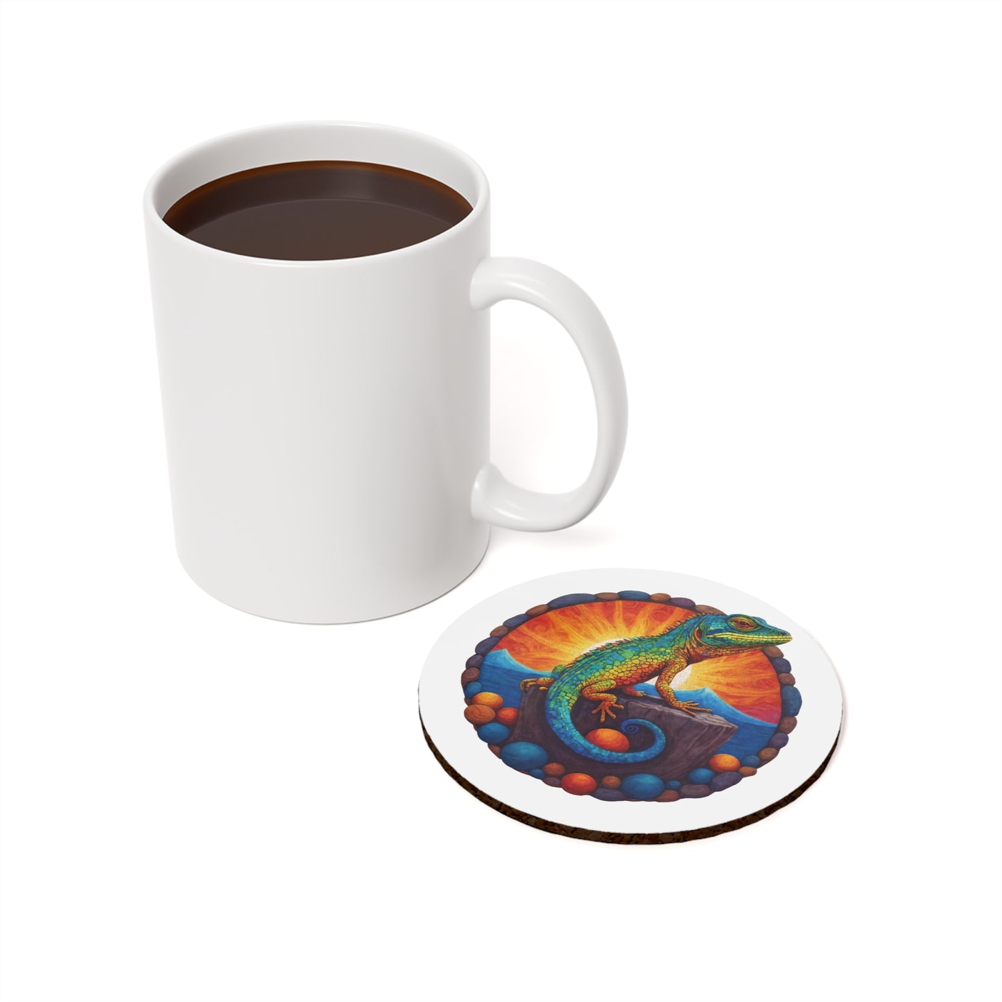 Cork Back Coaster with a Sunbathing Lizard Print on it (Set of 4)