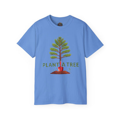 Cotton T-Shirt a Pine Tree and "Plant a Tree" Text Printed on the Front Side