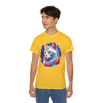 Unisex Cotton Tshirt with Illustation of a Colorful Cat