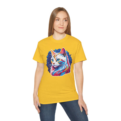 Unisex Cotton Tshirt with Illustation of a Colorful Cat