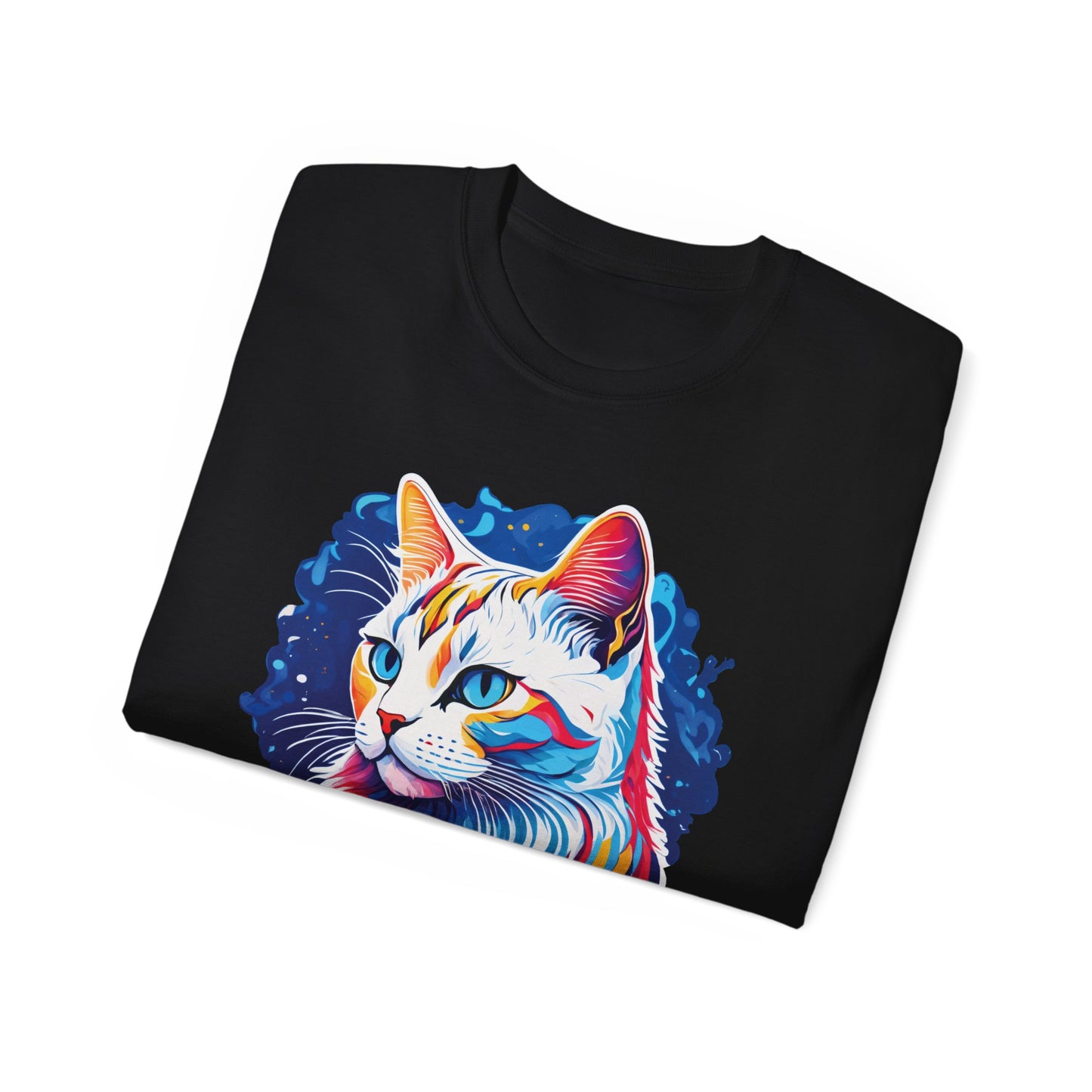 Unisex Cotton Tshirt with Illustation of a Colorful Cat