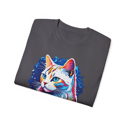 Unisex Cotton Tshirt with Illustation of a Colorful Cat