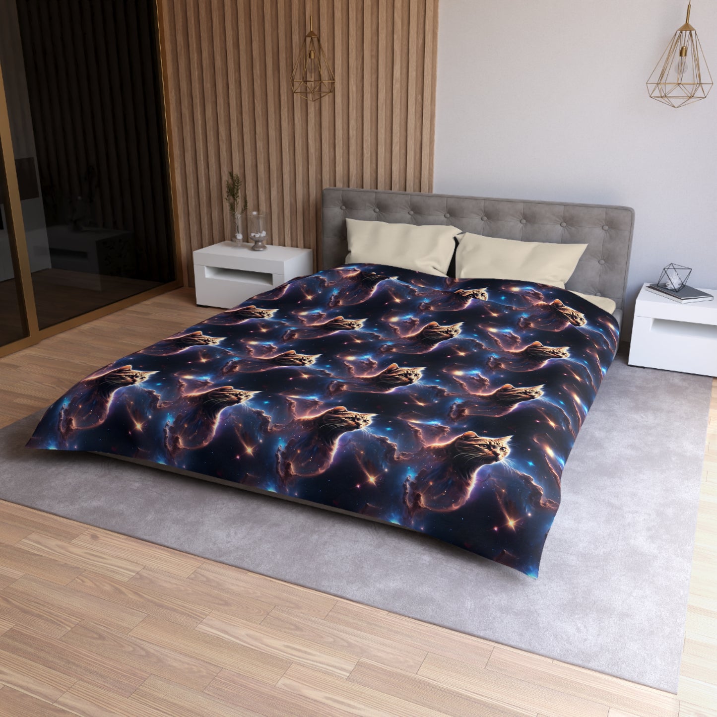 Microfiber Duvet Cover with Cat Nebula Floating in Space Design