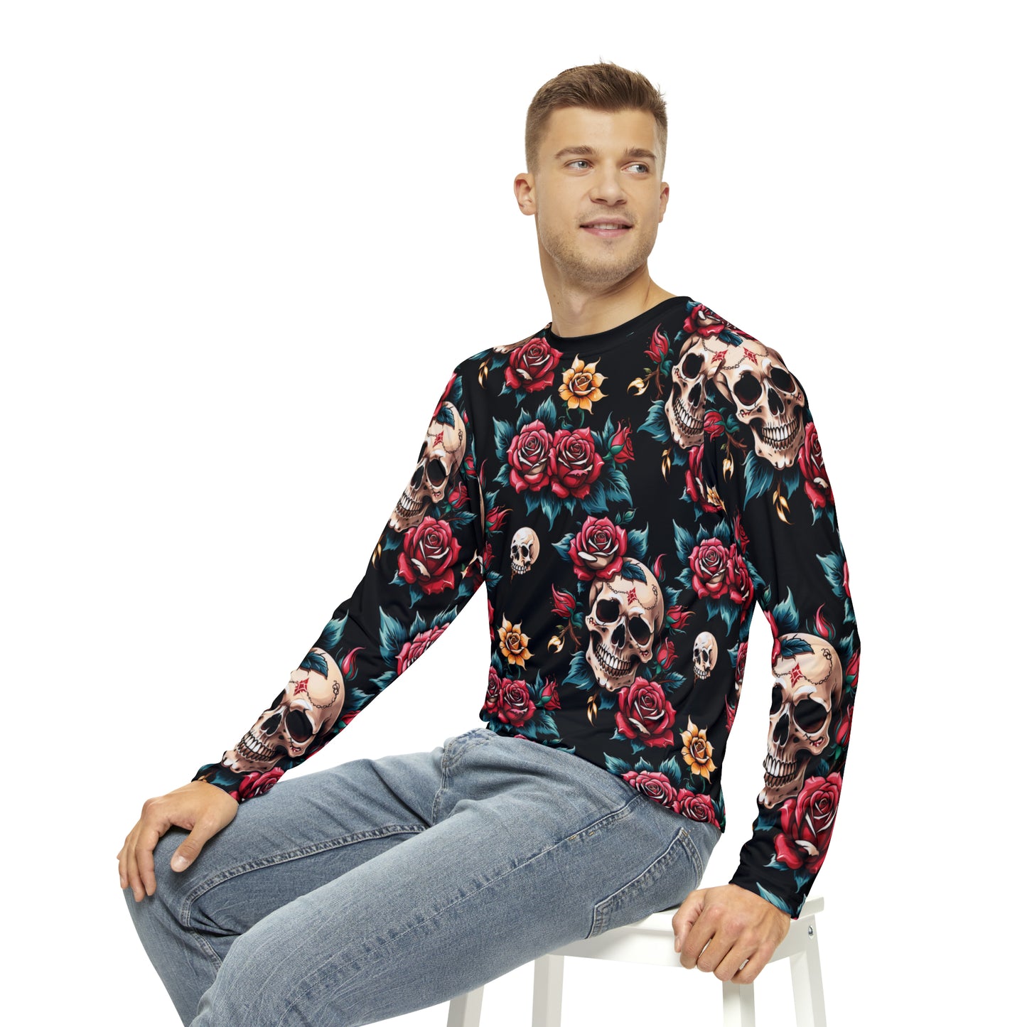 Tattoo printed skull roses design men's long sleeve tshirt