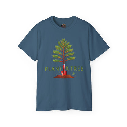 Cotton T-Shirt a Pine Tree and "Plant a Tree" Text Printed on the Front Side