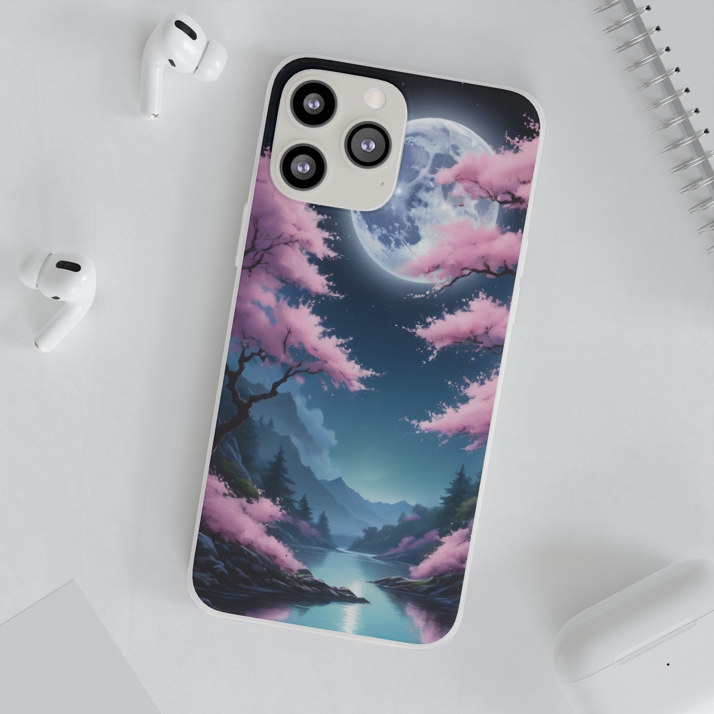 Flexi Phone Case With Cherry Blossoms Under The Full Moon