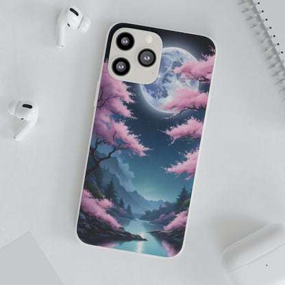 Flexi Phone Case With Cherry Blossoms Under The Full Moon