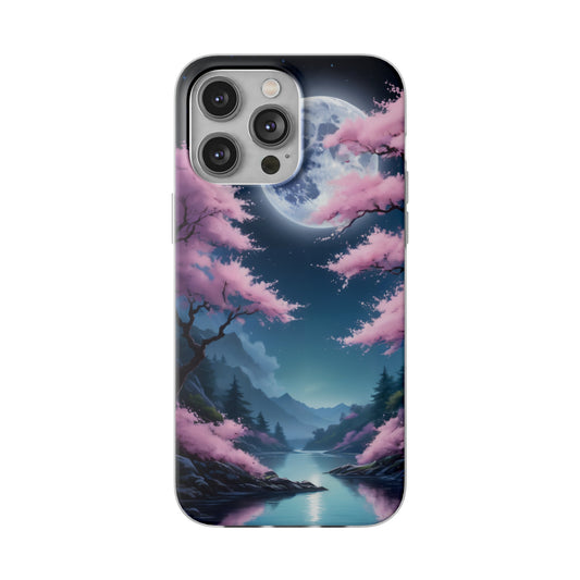 Flexi Phone Case With Cherry Blossoms Under The Full Moon