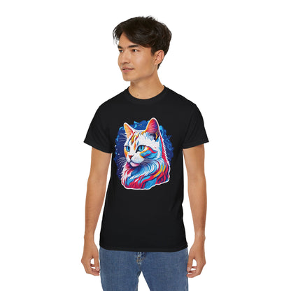 Unisex Cotton Tshirt with Illustation of a Colorful Cat