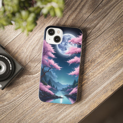 Flexi Phone Case With Cherry Blossoms Under The Full Moon