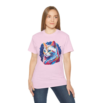 Unisex Cotton Tshirt with Illustation of a Colorful Cat