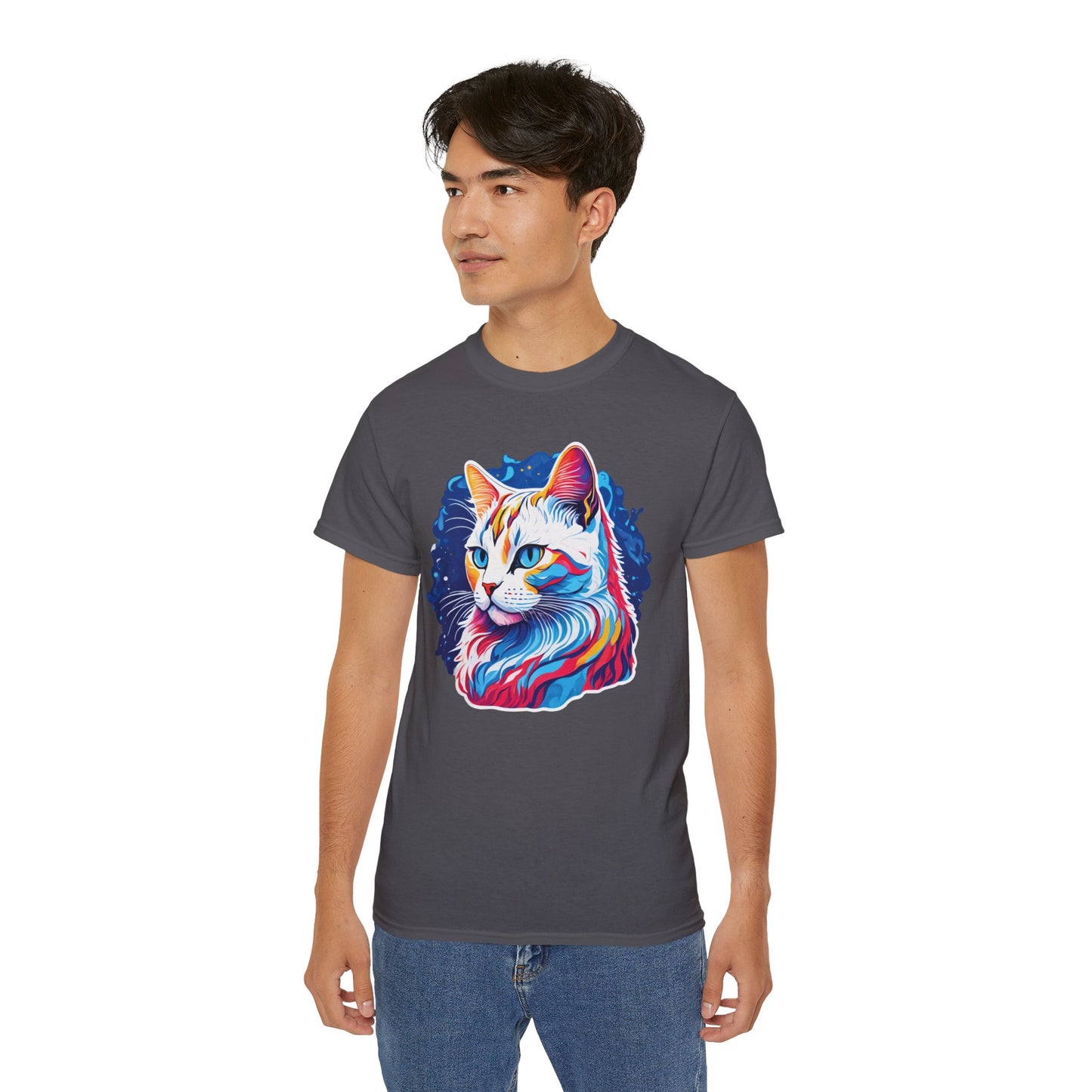 Unisex Cotton Tshirt with Illustation of a Colorful Cat