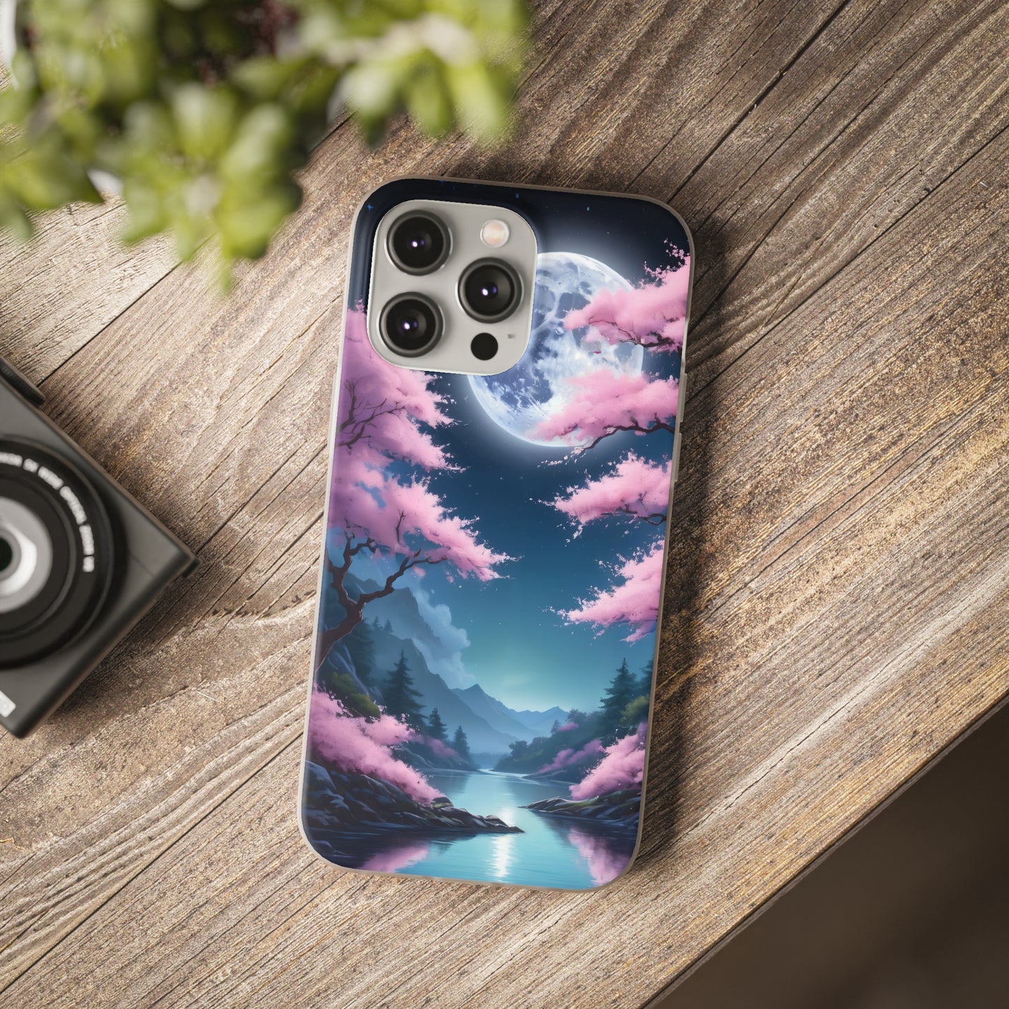 Flexi Phone Case With Cherry Blossoms Under The Full Moon