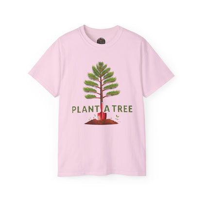 Cotton T-Shirt a Pine Tree and "Plant a Tree" Text Printed on the Front Side