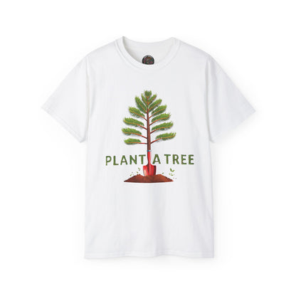 Cotton T-Shirt a Pine Tree and "Plant a Tree" Text Printed on the Front Side