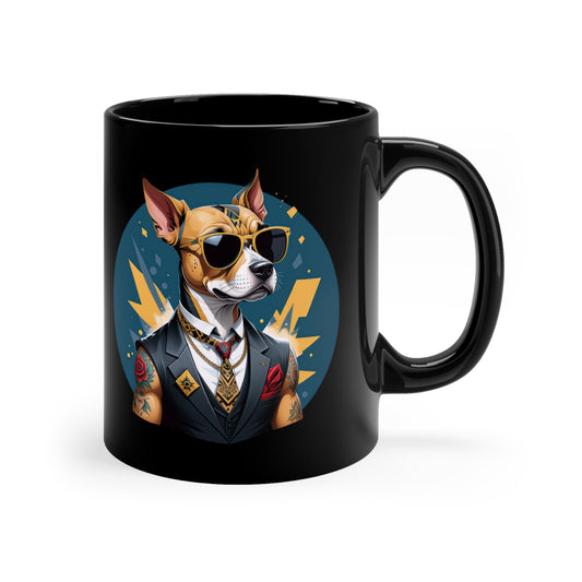 Cartoon dog printed on black mug - dogmafia