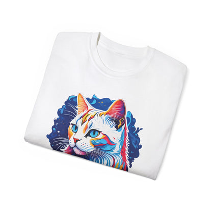 Unisex Cotton Tshirt with Illustation of a Colorful Cat