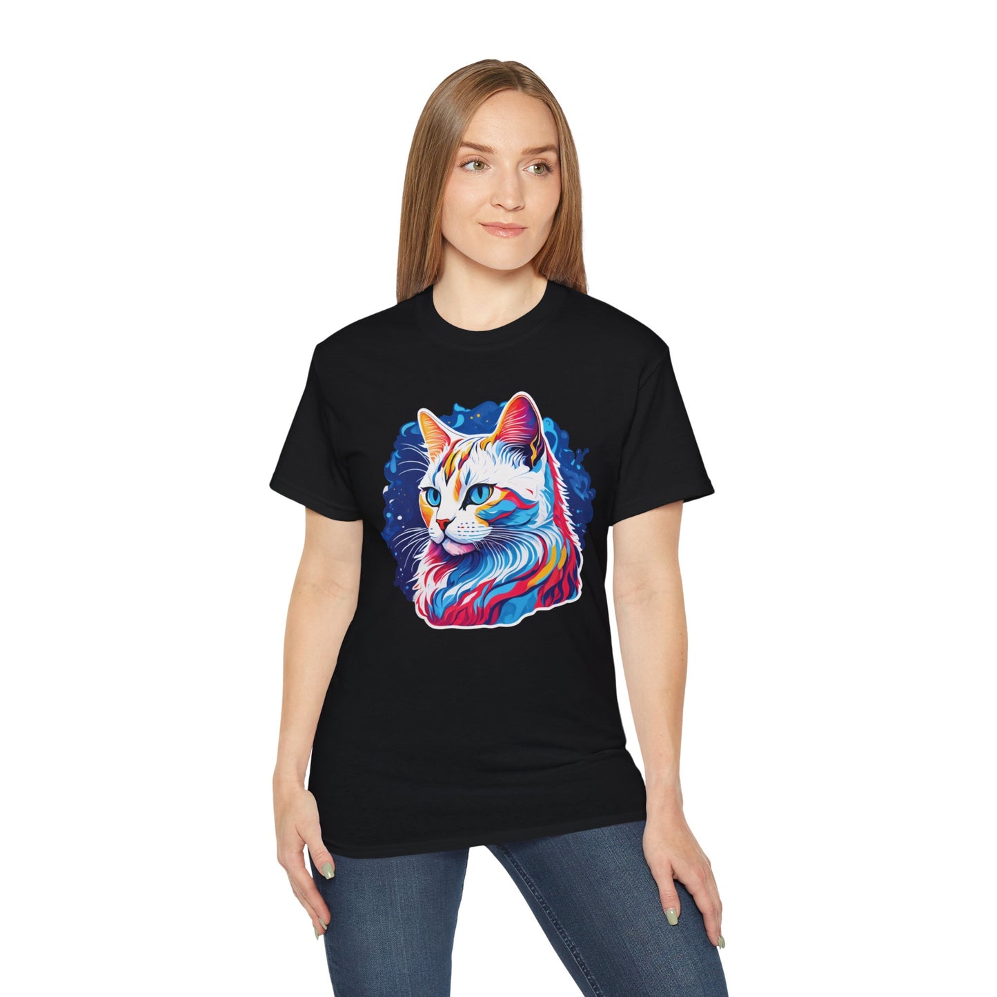 Unisex Cotton Tshirt with Illustation of a Colorful Cat