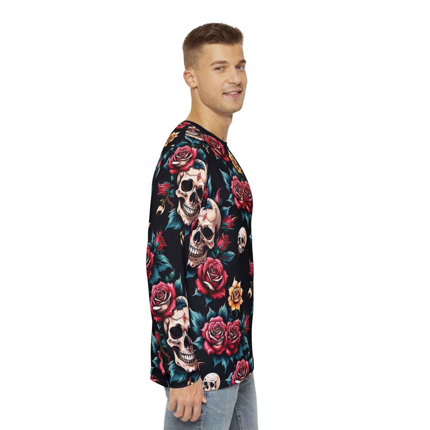 Tattoo printed skull roses design men's long sleeve tshirt