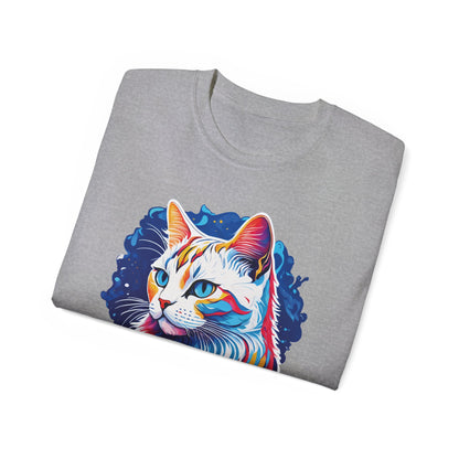 Unisex Cotton Tshirt with Illustation of a Colorful Cat