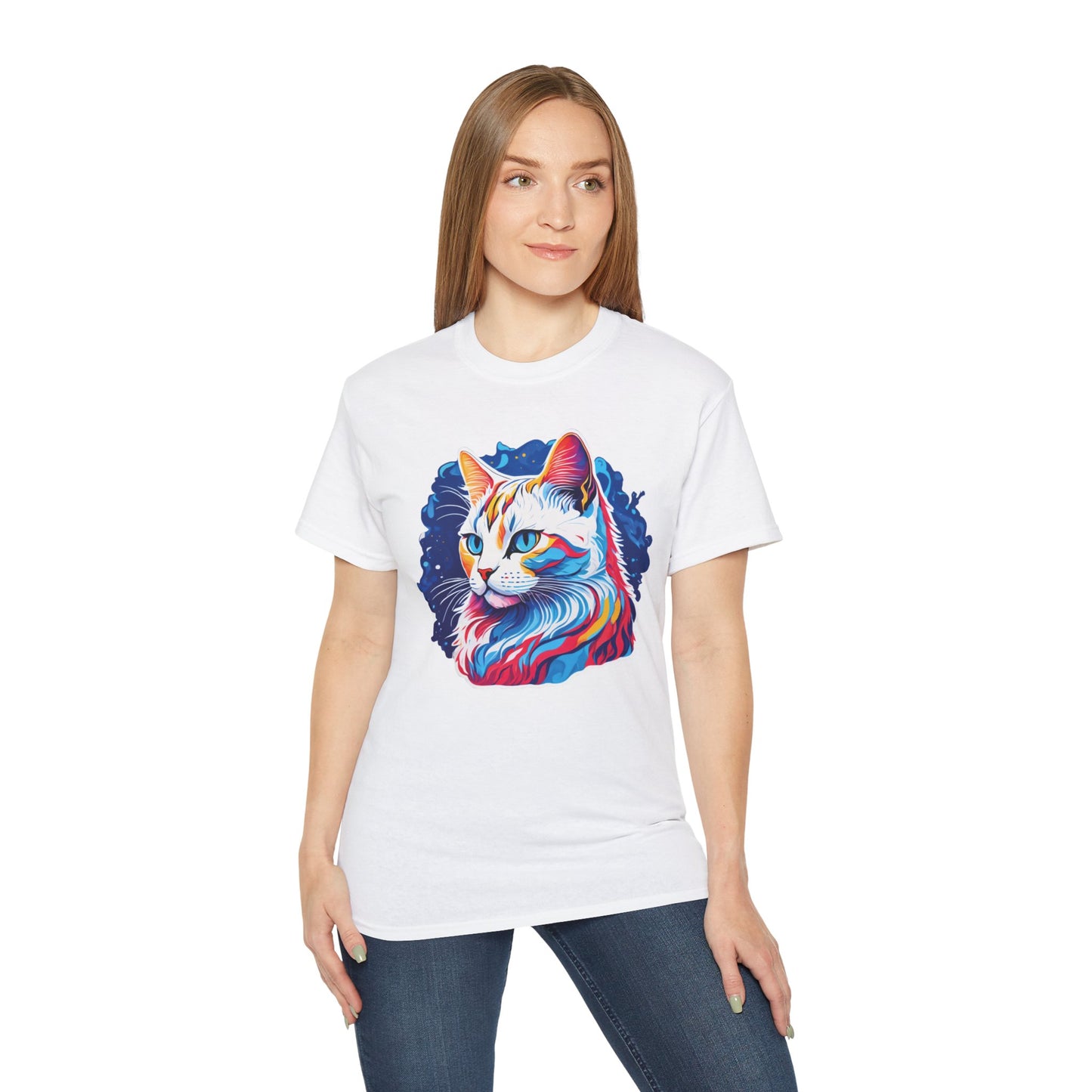 Unisex Cotton Tshirt with Illustation of a Colorful Cat