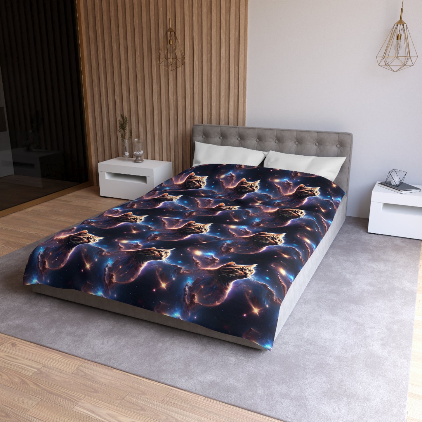 Microfiber Duvet Cover with Cat Nebula Floating in Space Design