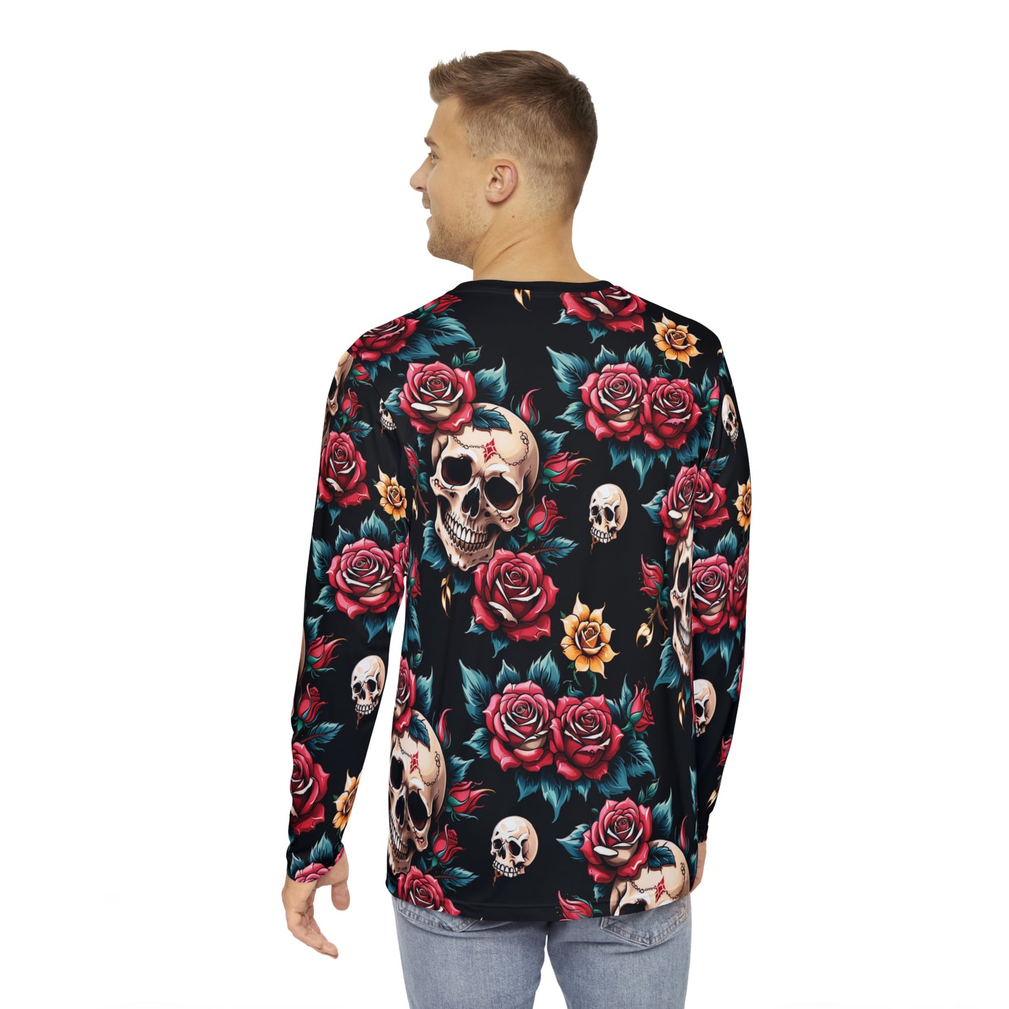 Tattoo printed skull roses design men's long sleeve tshirt