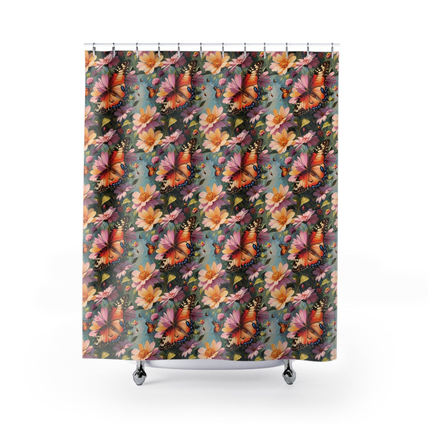 Shower Curtain with Butterfly in a Flower Garden Design