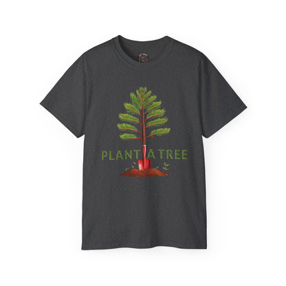 Cotton T-Shirt a Pine Tree and "Plant a Tree" Text Printed on the Front Side