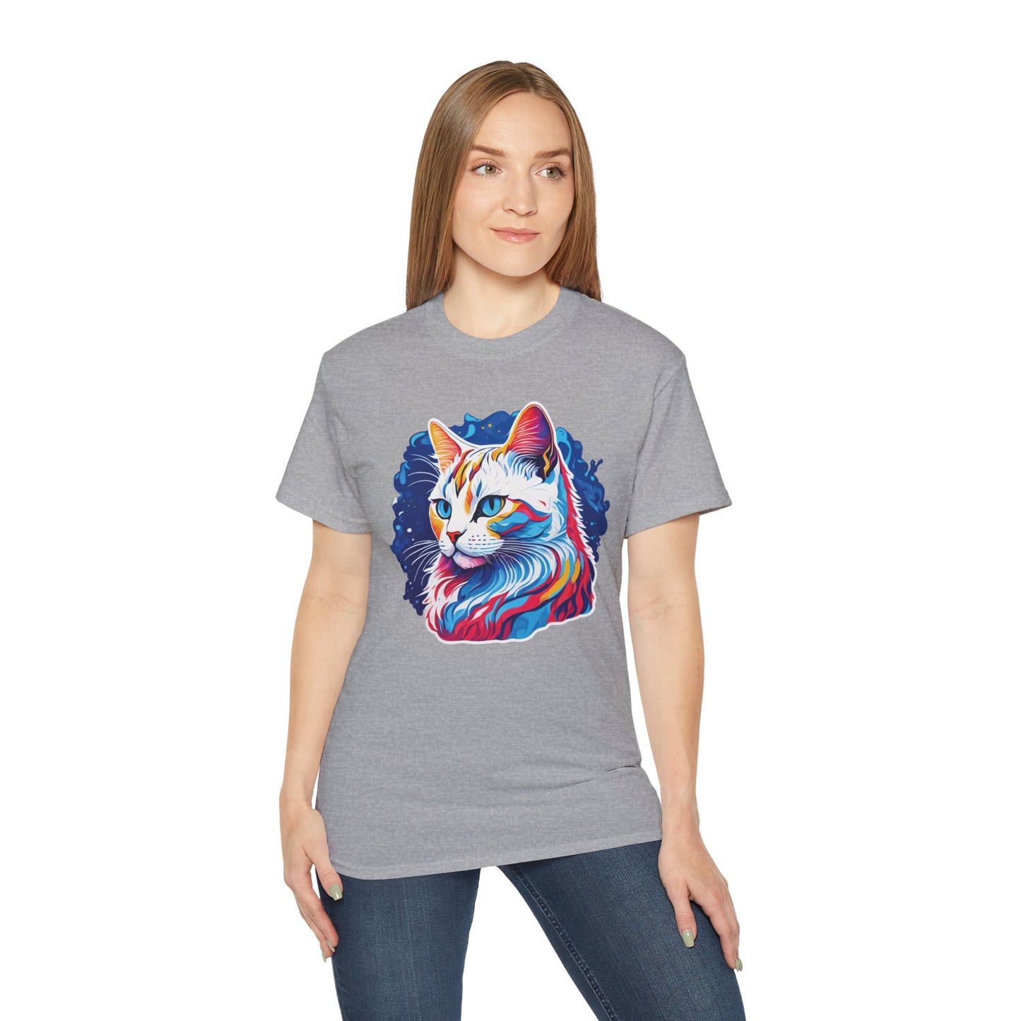 Unisex Cotton Tshirt with Illustation of a Colorful Cat