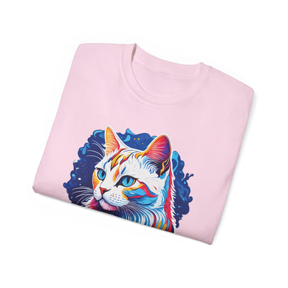 Unisex Cotton Tshirt with Illustation of a Colorful Cat