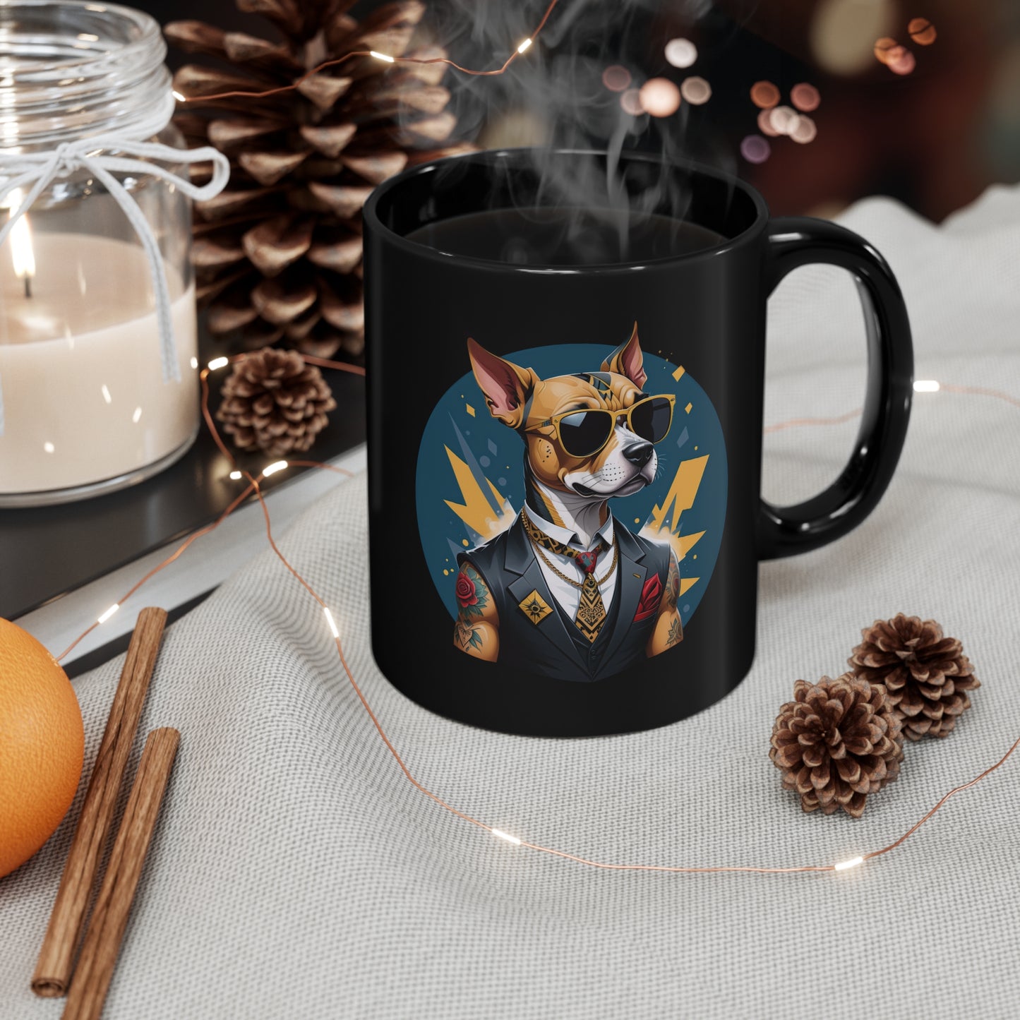 Cartoon dog printed on black mug - dogmafia