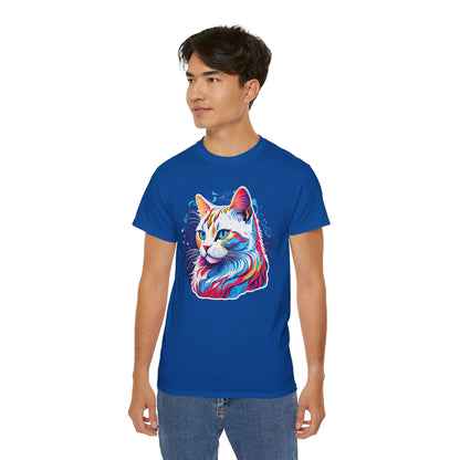 Unisex Cotton Tshirt with Illustation of a Colorful Cat