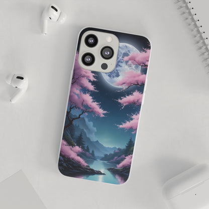 Flexi Phone Case With Cherry Blossoms Under The Full Moon