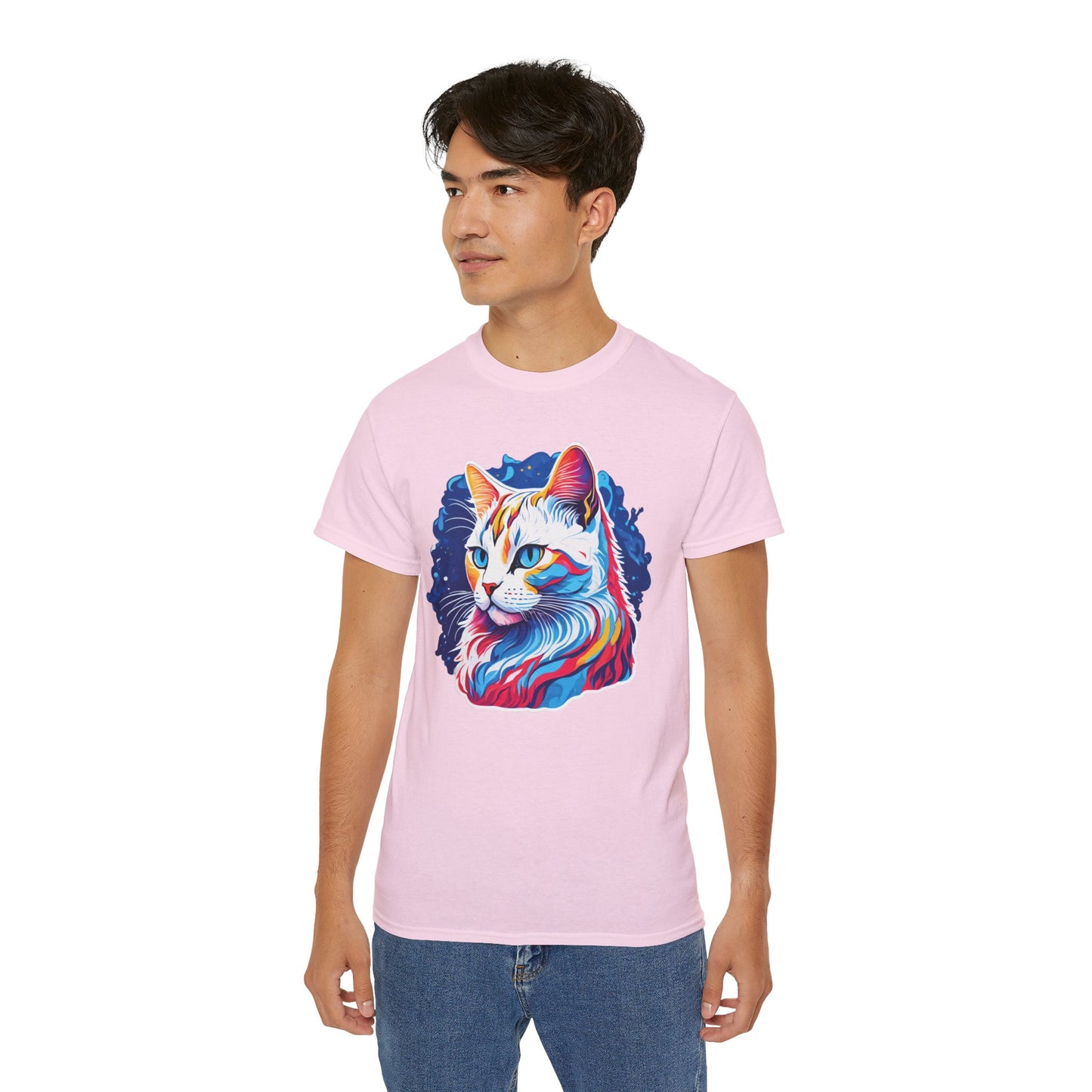 Unisex Cotton Tshirt with Illustation of a Colorful Cat