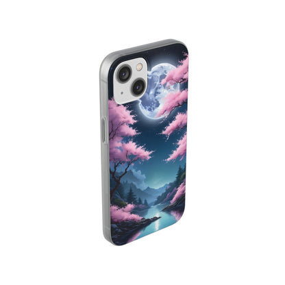 Flexi Phone Case With Cherry Blossoms Under The Full Moon