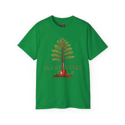 Cotton T-Shirt a Pine Tree and "Plant a Tree" Text Printed on the Front Side