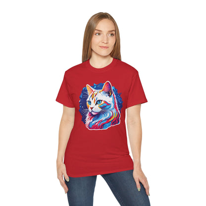 Unisex Cotton Tshirt with Illustation of a Colorful Cat