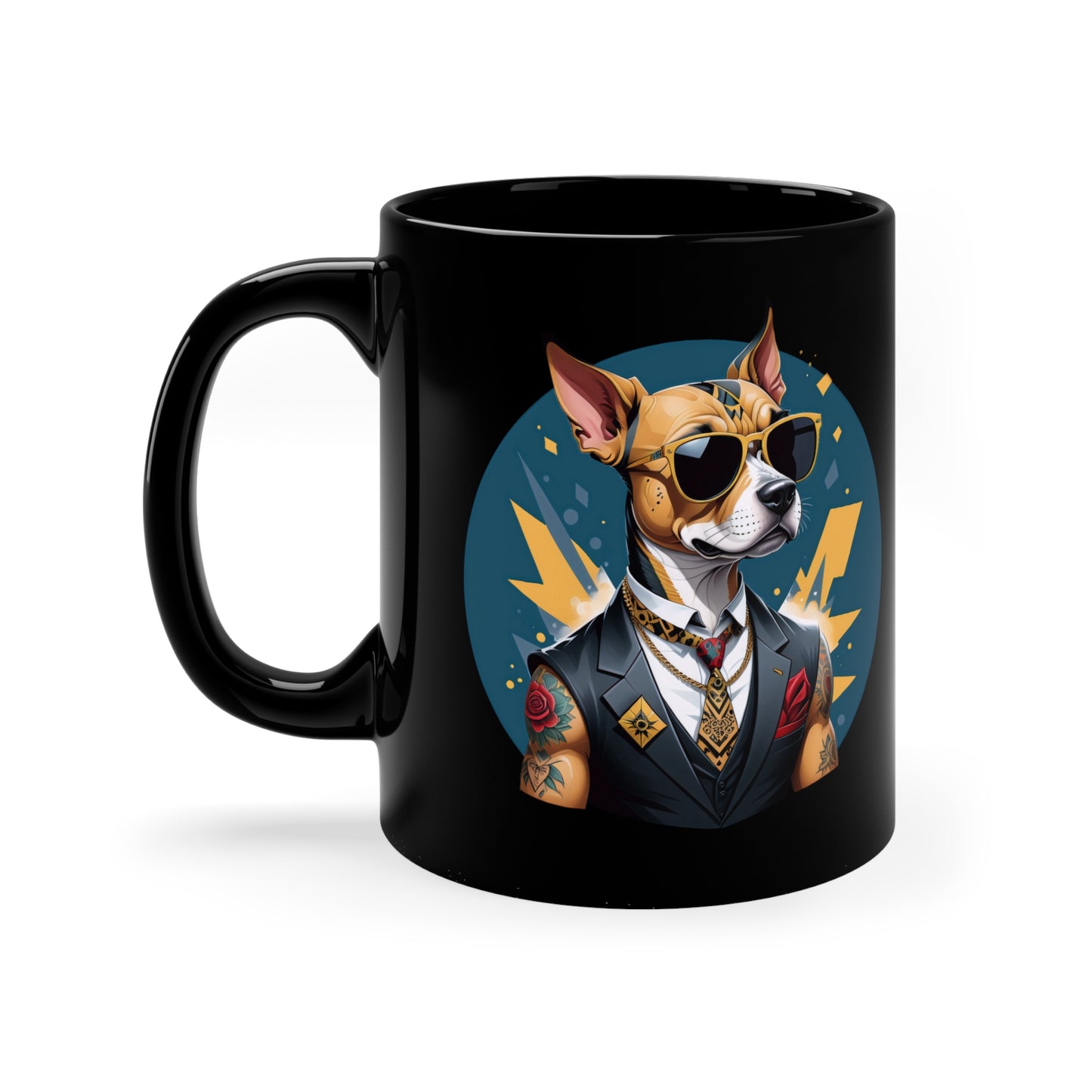 Cartoon dog printed on black mug - dogmafia