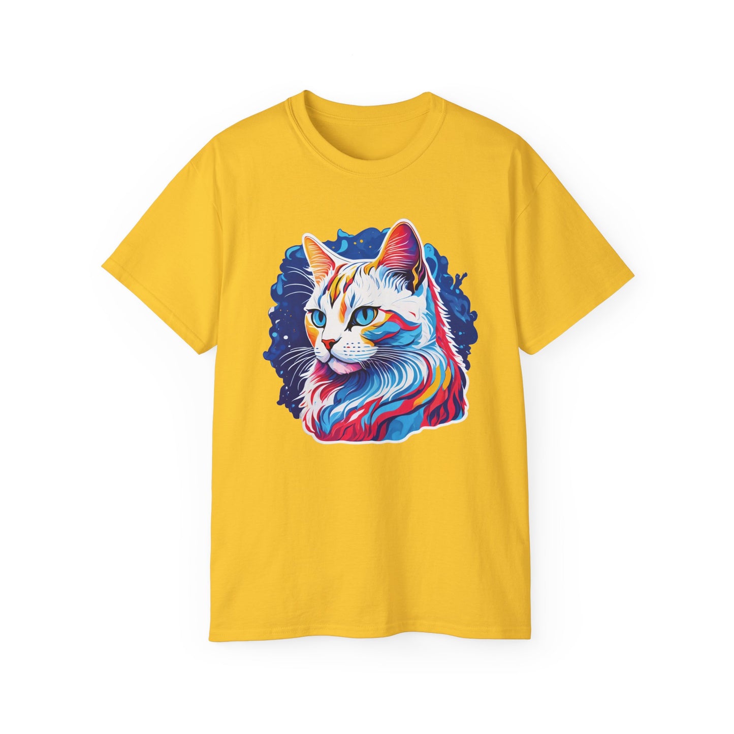 Unisex Cotton Tshirt with Illustation of a Colorful Cat