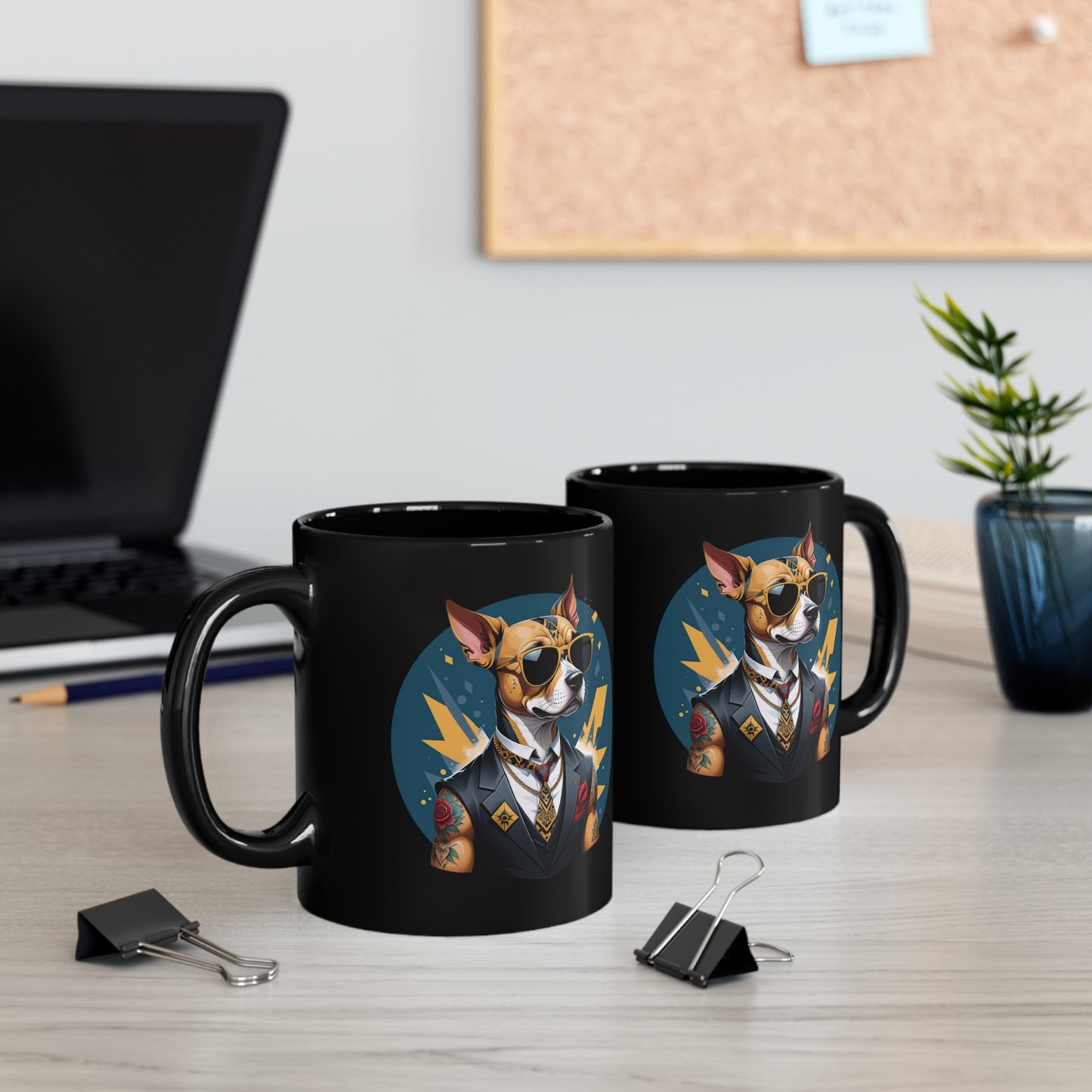 Cartoon dog printed on black mug - dogmafia