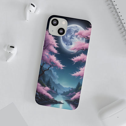 Flexi Phone Case With Cherry Blossoms Under The Full Moon