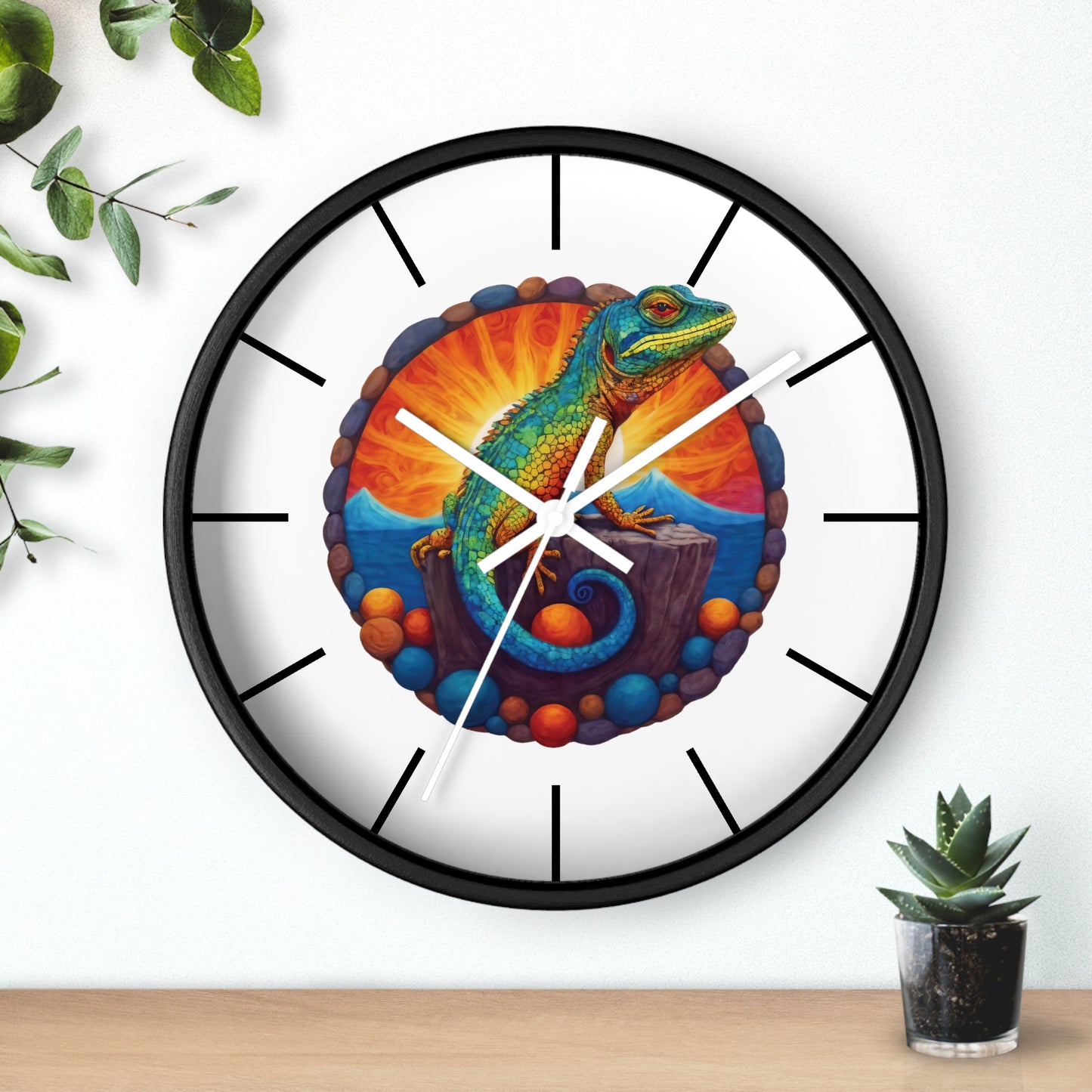 Wall Clock with a Sunbathing Lizard Print