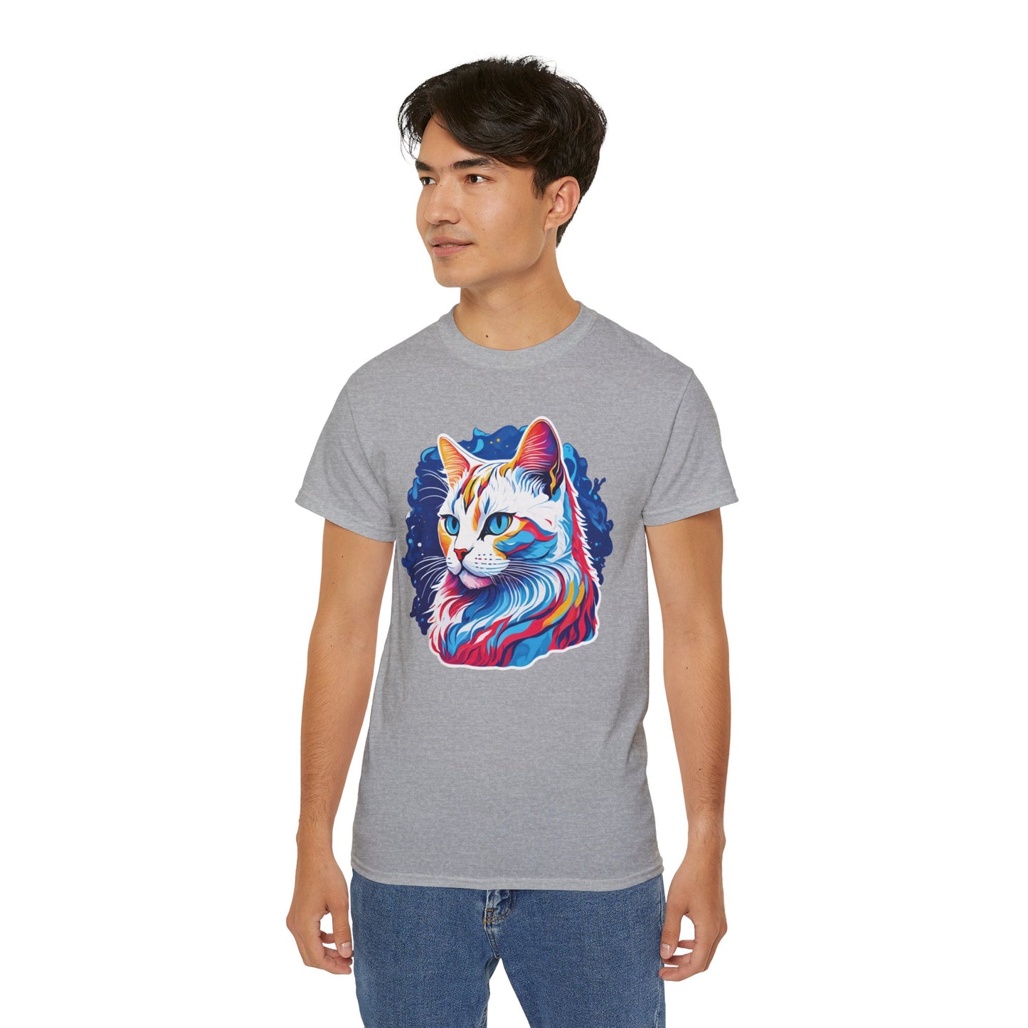 Unisex Cotton Tshirt with Illustation of a Colorful Cat