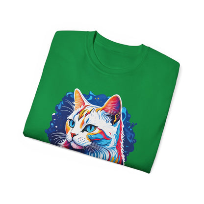 Unisex Cotton Tshirt with Illustation of a Colorful Cat