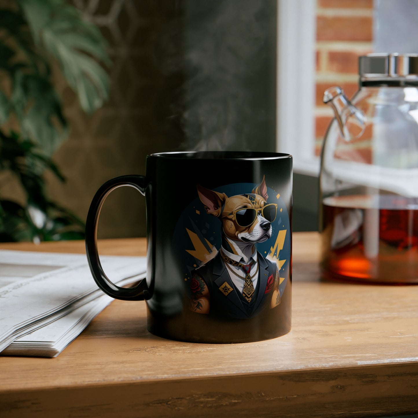 Cartoon dog printed on black mug - dogmafia