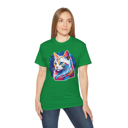 Unisex Cotton Tshirt with Illustation of a Colorful Cat