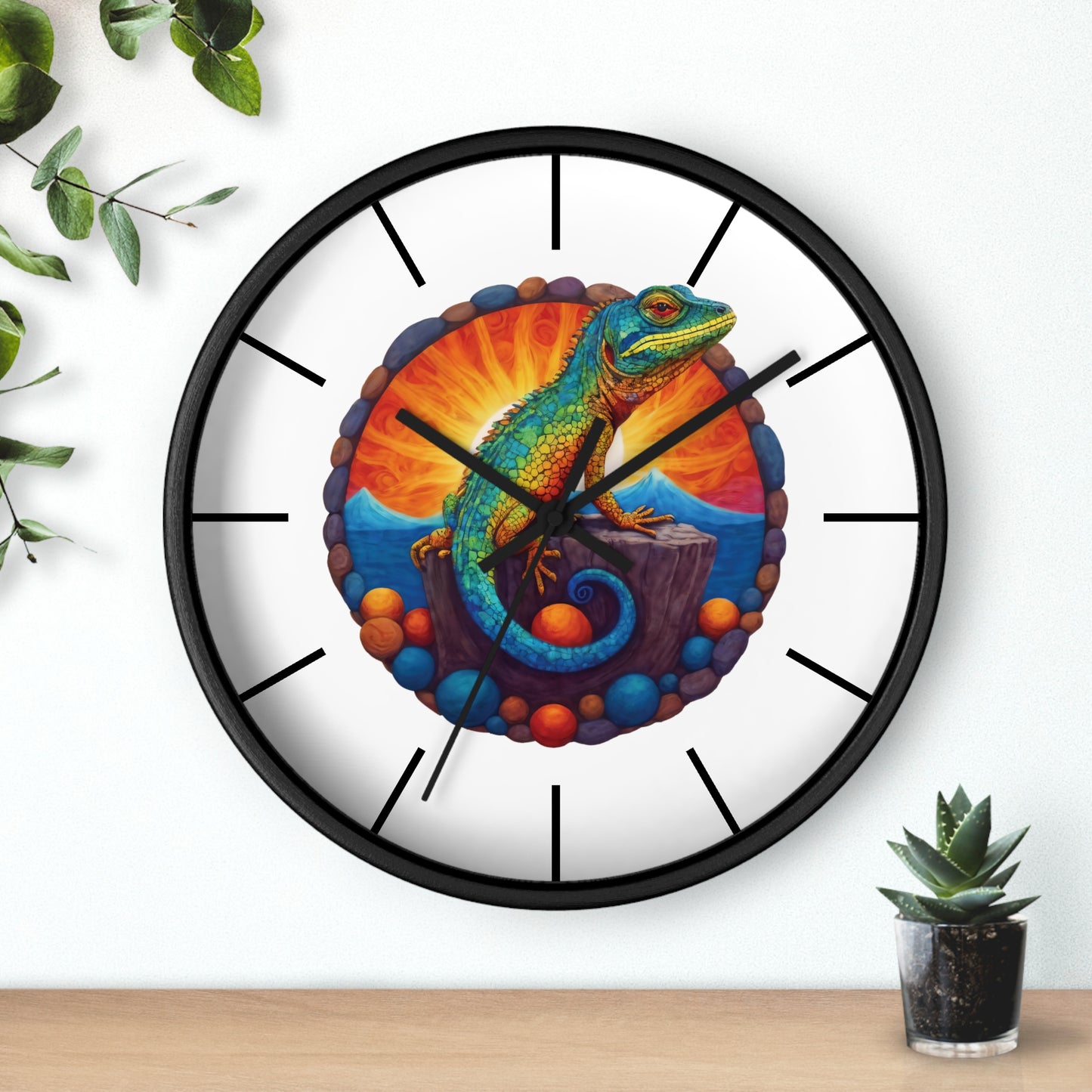 Wall Clock with a Sunbathing Lizard Print