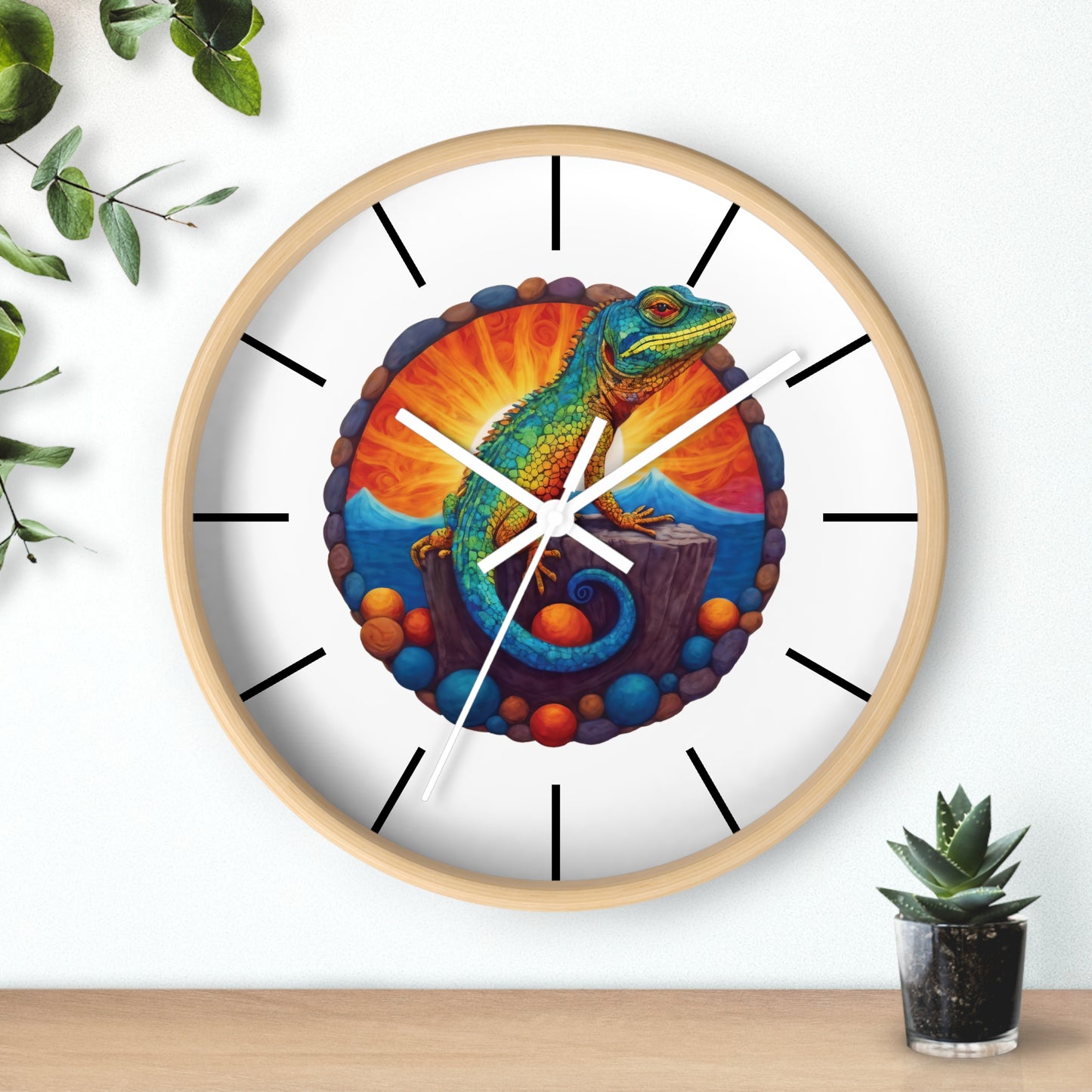 Wall Clock with a Sunbathing Lizard Print