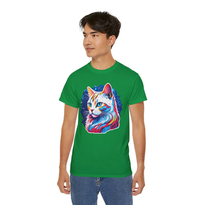 Unisex Cotton Tshirt with Illustation of a Colorful Cat